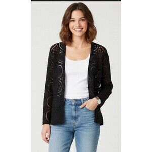 Maurice's Size L Black Crochet Trim Open Front Slub Knit Bell-Sleeve Cardigan